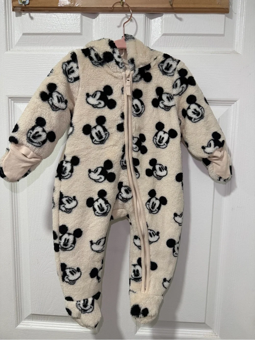 H&M Cream and Black Mickey Mouse Fleece One-Piece Footie 2-4 M